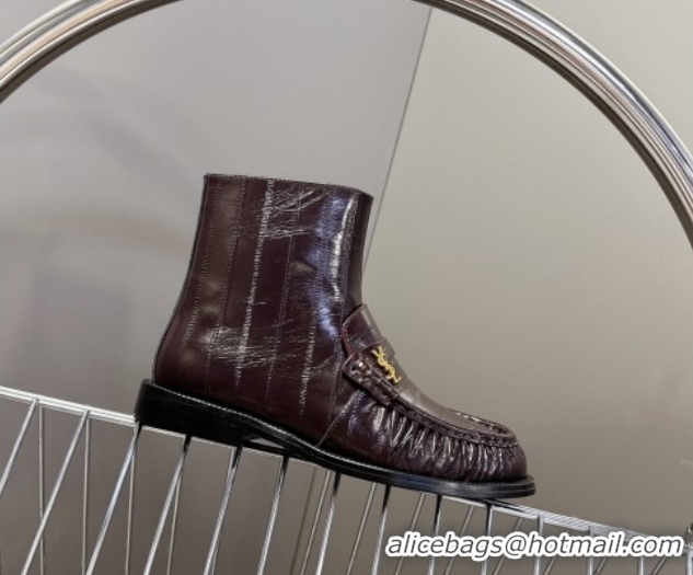 Luxury Cheap Saint Laurent Le Flat Booties in Eel Embossed Leather Dark Brown YSL121301 1213038