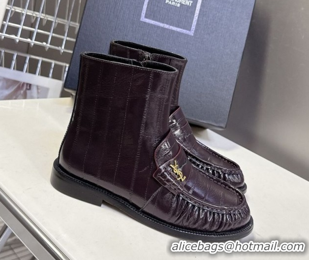Luxury Cheap Saint Laurent Le Flat Booties in Eel Embossed Leather Dark Brown YSL121301 1213038