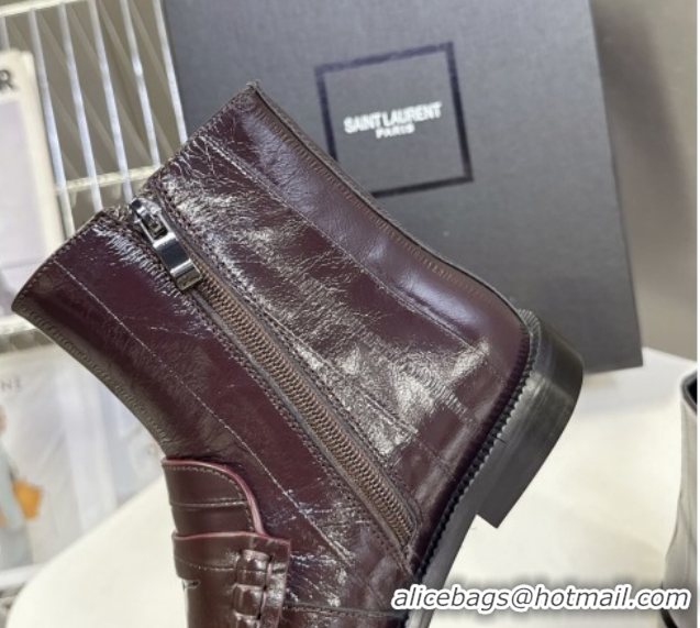 Luxury Cheap Saint Laurent Le Flat Booties in Eel Embossed Leather Dark Brown YSL121301 1213038