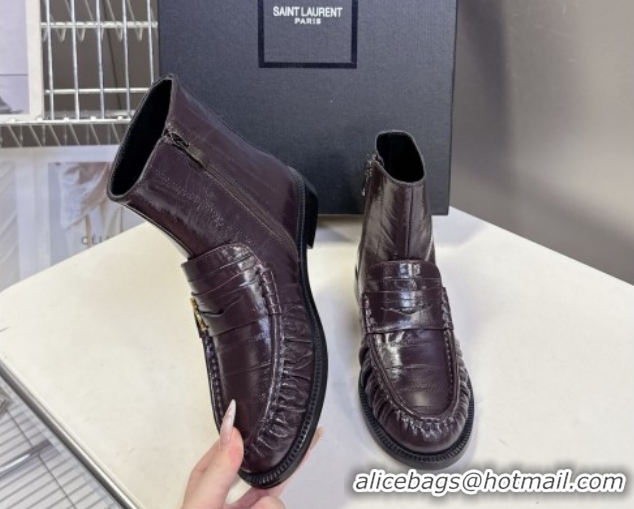 Luxury Cheap Saint Laurent Le Flat Booties in Eel Embossed Leather Dark Brown YSL121301 1213038