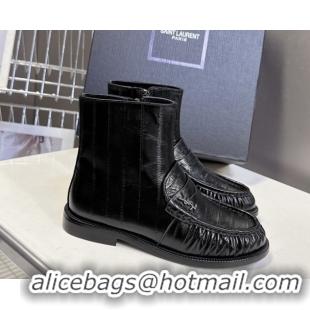 Good Quality Saint Laurent Le Flat Booties in Eel Embossed Leather Black YSL121301 1213039