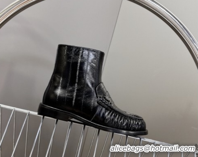 Good Quality Saint Laurent Le Flat Booties in Eel Embossed Leather Black YSL121301 1213039