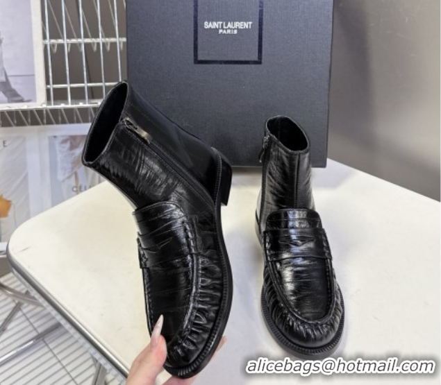 Good Quality Saint Laurent Le Flat Booties in Eel Embossed Leather Black YSL121301 1213039
