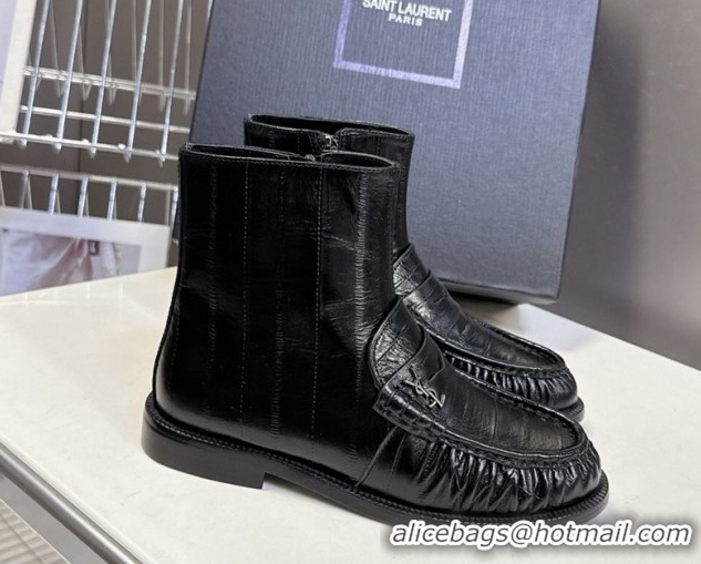 Good Quality Saint Laurent Le Flat Booties in Eel Embossed Leather Black YSL121301 1213039