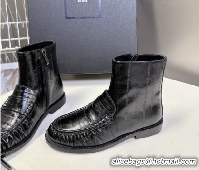 Good Quality Saint Laurent Le Flat Booties in Eel Embossed Leather Black YSL121301 1213039