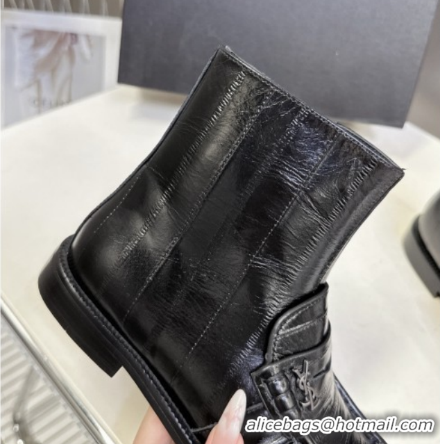 Good Quality Saint Laurent Le Flat Booties in Eel Embossed Leather Black YSL121301 1213039