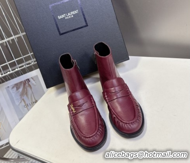 Stylish Saint Laurent Le Flat Booties in Calfskin Leather Red YSL121301 1213040