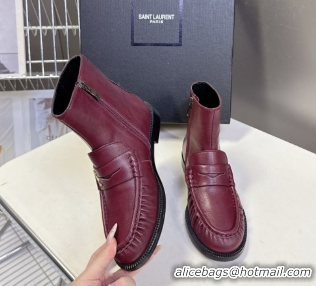 Stylish Saint Laurent Le Flat Booties in Calfskin Leather Red YSL121301 1213040