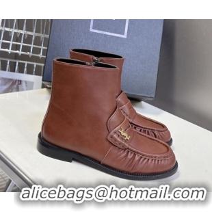 Sumptuous Saint Laurent Le Flat Booties in Calfskin Leather Brown YSL121301 1213041