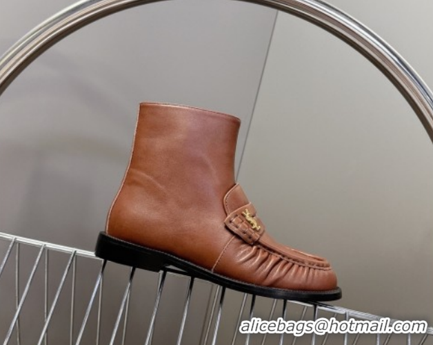 Sumptuous Saint Laurent Le Flat Booties in Calfskin Leather Brown YSL121301 1213041