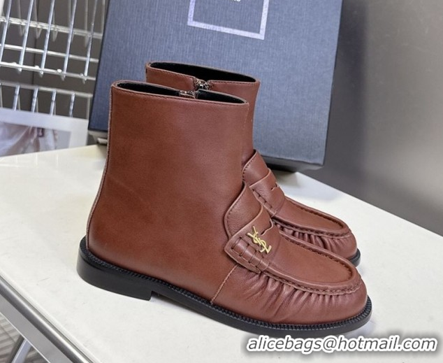 Sumptuous Saint Laurent Le Flat Booties in Calfskin Leather Brown YSL121301 1213041