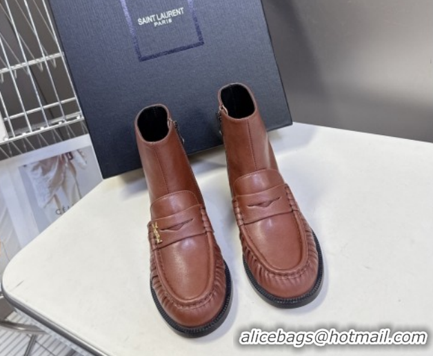 Sumptuous Saint Laurent Le Flat Booties in Calfskin Leather Brown YSL121301 1213041