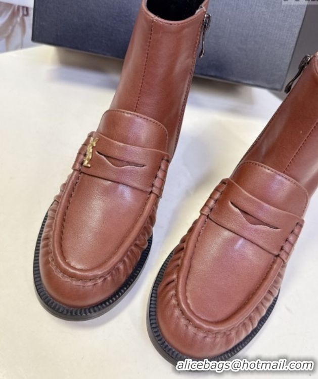 Sumptuous Saint Laurent Le Flat Booties in Calfskin Leather Brown YSL121301 1213041