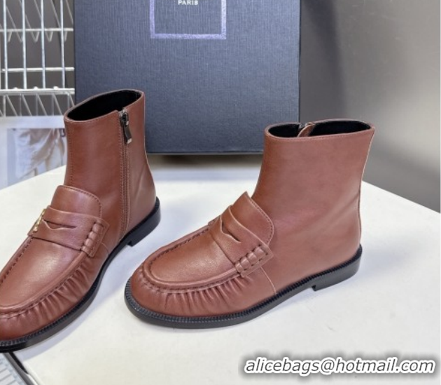 Sumptuous Saint Laurent Le Flat Booties in Calfskin Leather Brown YSL121301 1213041