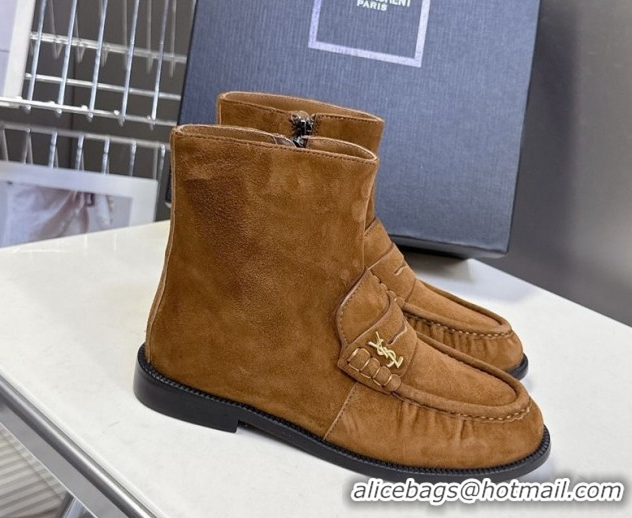 Duplicate Saint Laurent Le Flat Booties in Suede Light Brown YSL121301 1213043