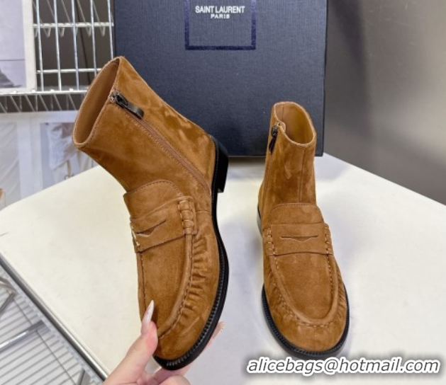 Duplicate Saint Laurent Le Flat Booties in Suede Light Brown YSL121301 1213043