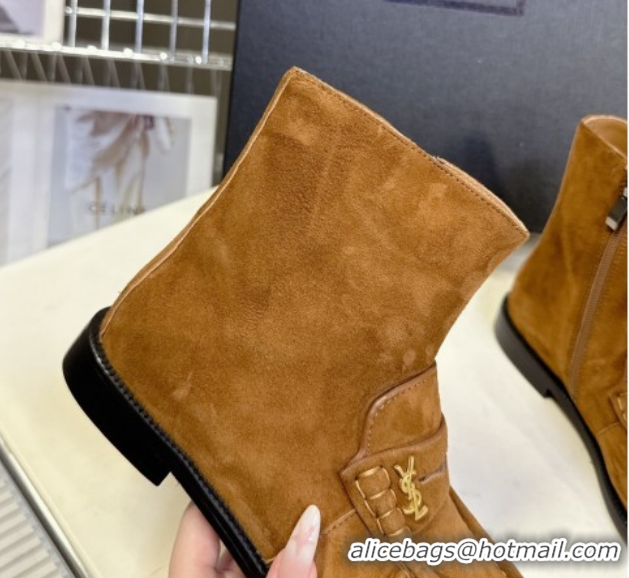 Duplicate Saint Laurent Le Flat Booties in Suede Light Brown YSL121301 1213043