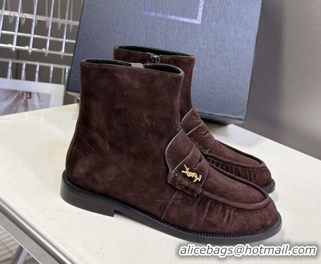 Good Quality Saint Laurent Le Flat Booties in Suede Dark Brown YSL121301 1213044