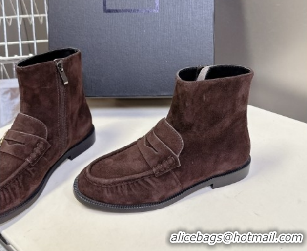 Good Quality Saint Laurent Le Flat Booties in Suede Dark Brown YSL121301 1213044