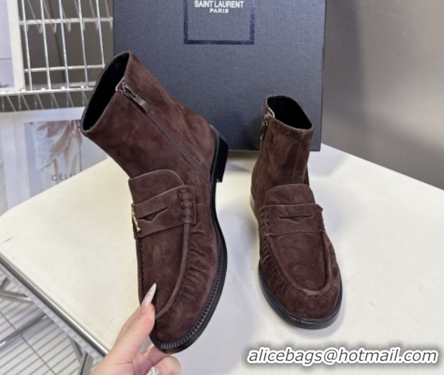 Good Quality Saint Laurent Le Flat Booties in Suede Dark Brown YSL121301 1213044