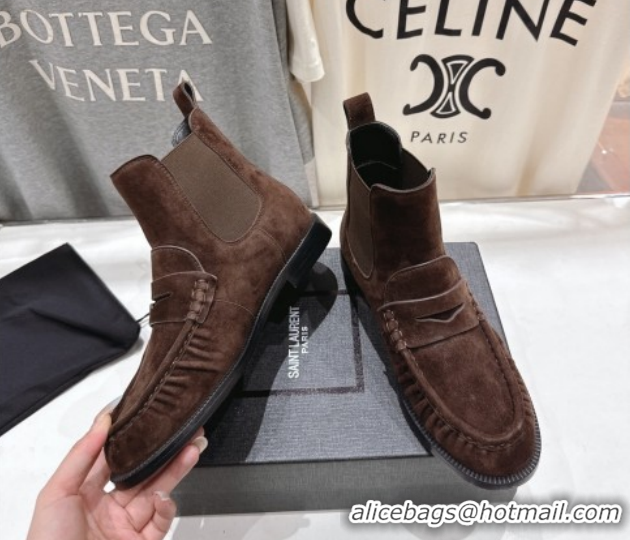 Best Price Saint Laurent Le Flat Chelsea Booties in Suede Dark Brown YSL121302 1213047