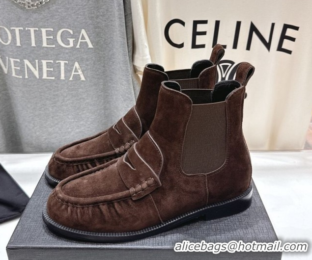 Best Price Saint Laurent Le Flat Chelsea Booties in Suede Dark Brown YSL121302 1213047