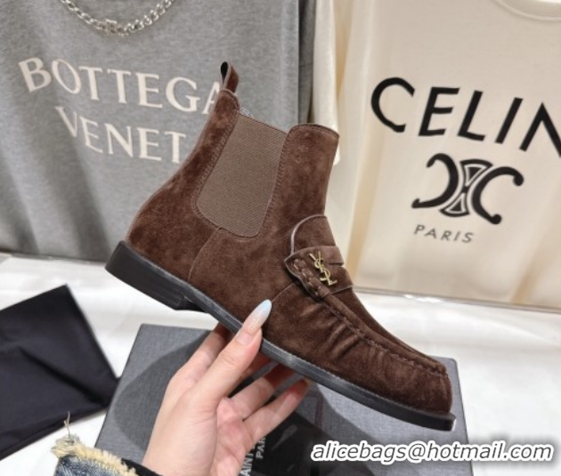 Best Price Saint Laurent Le Flat Chelsea Booties in Suede Dark Brown YSL121302 1213047