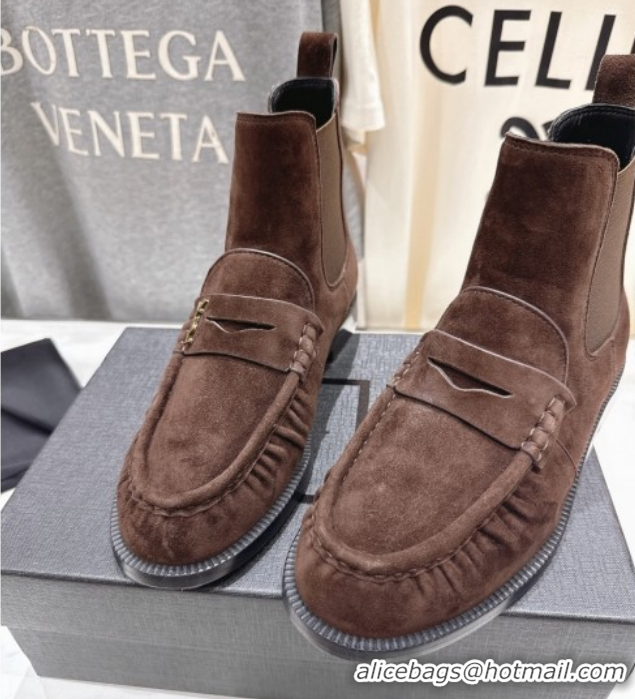 Best Price Saint Laurent Le Flat Chelsea Booties in Suede Dark Brown YSL121302 1213047