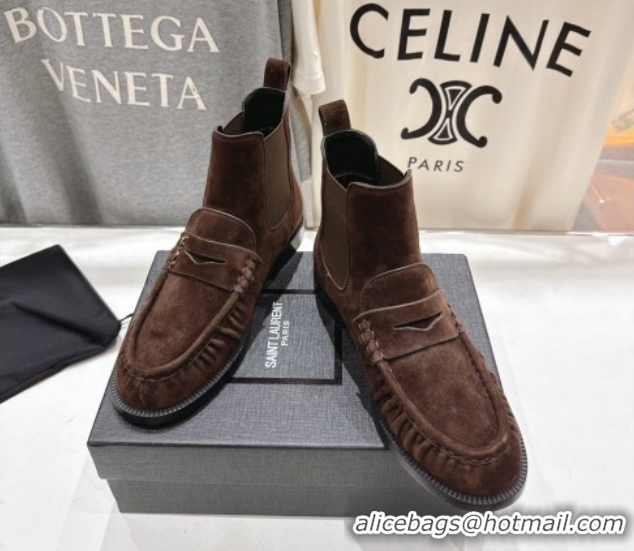 Best Price Saint Laurent Le Flat Chelsea Booties in Suede Dark Brown YSL121302 1213047