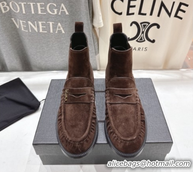 Best Price Saint Laurent Le Flat Chelsea Booties in Suede Dark Brown YSL121302 1213047