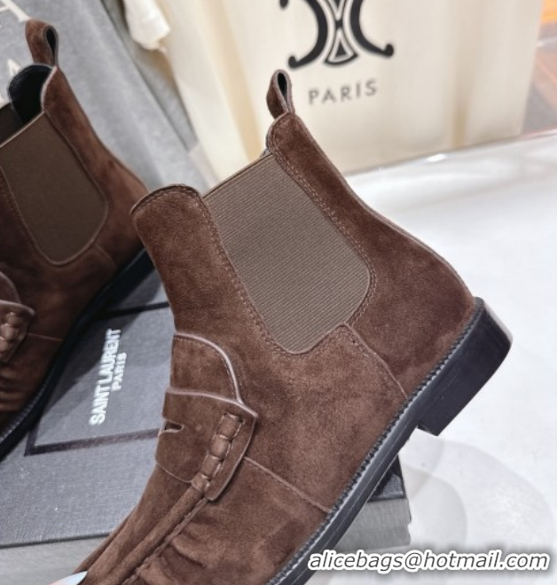Best Price Saint Laurent Le Flat Chelsea Booties in Suede Dark Brown YSL121302 1213047