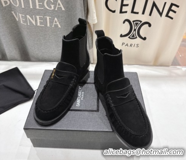 Perfect Saint Laurent Le Flat Chelsea Booties in Suede Black YSL121302 1213048