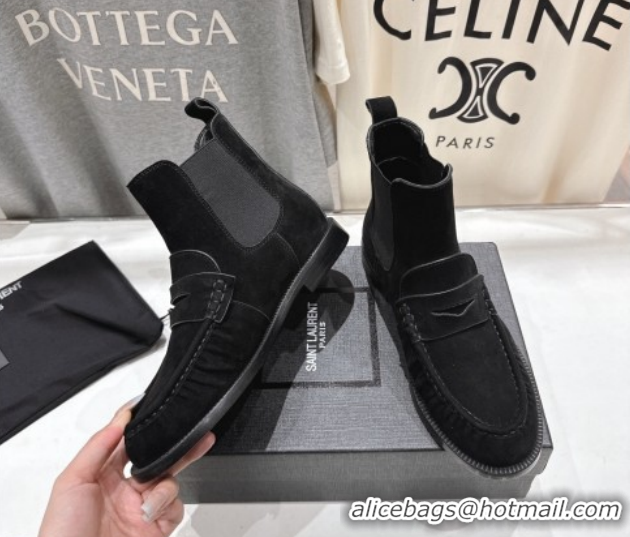 Perfect Saint Laurent Le Flat Chelsea Booties in Suede Black YSL121302 1213048