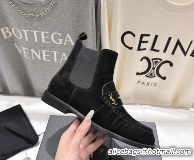 Perfect Saint Laurent Le Flat Chelsea Booties in Suede Black YSL121302 1213048