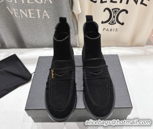 Perfect Saint Laurent Le Flat Chelsea Booties in Suede Black YSL121302 1213048