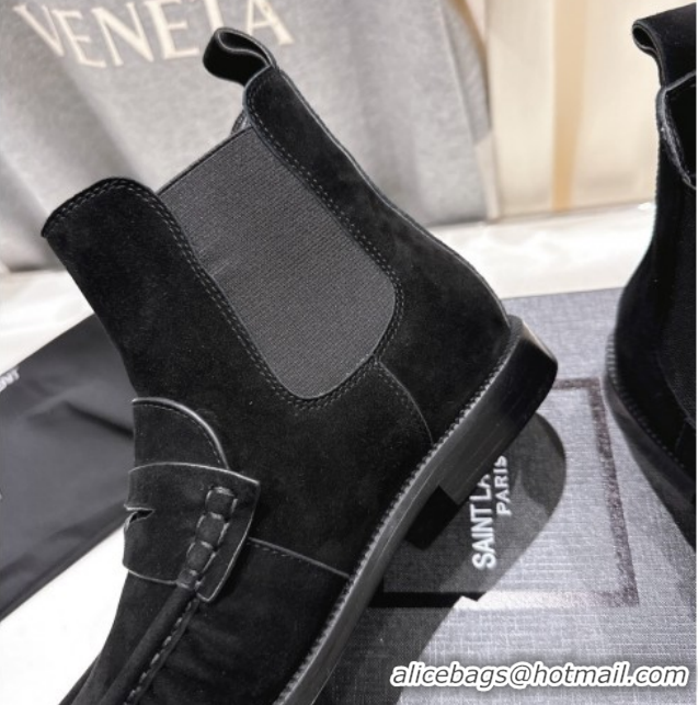 Perfect Saint Laurent Le Flat Chelsea Booties in Suede Black YSL121302 1213048