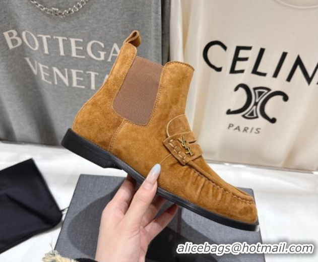 Purchase Saint Laurent Le Flat Chelsea Booties in Suede Brown Yellow YSL121302 1213049