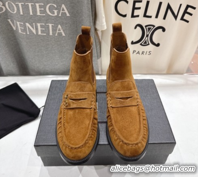 Purchase Saint Laurent Le Flat Chelsea Booties in Suede Brown Yellow YSL121302 1213049