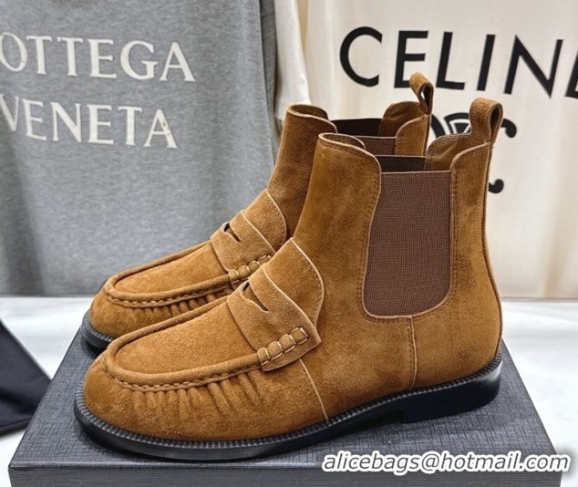 Purchase Saint Laurent Le Flat Chelsea Booties in Suede Brown Yellow YSL121302 1213049