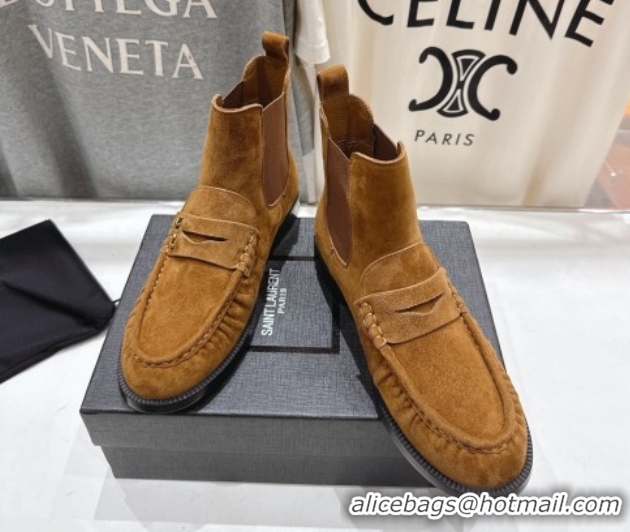 Purchase Saint Laurent Le Flat Chelsea Booties in Suede Brown Yellow YSL121302 1213049