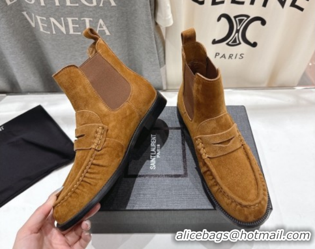Purchase Saint Laurent Le Flat Chelsea Booties in Suede Brown Yellow YSL121302 1213049