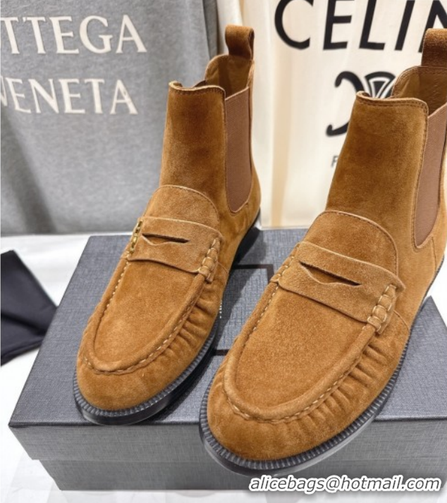 Purchase Saint Laurent Le Flat Chelsea Booties in Suede Brown Yellow YSL121302 1213049