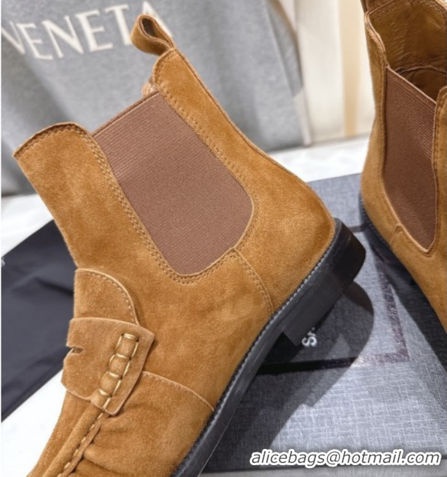 Purchase Saint Laurent Le Flat Chelsea Booties in Suede Brown Yellow YSL121302 1213049