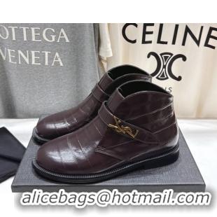 Best Grade Saint Laurent Flat Chelsea Booties in Embossed Leather Dark Brown YSL121303 1213050