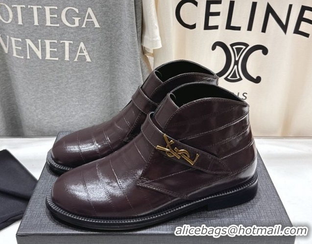 Best Grade Saint Laurent Flat Chelsea Booties in Embossed Leather Dark Brown YSL121303 1213050