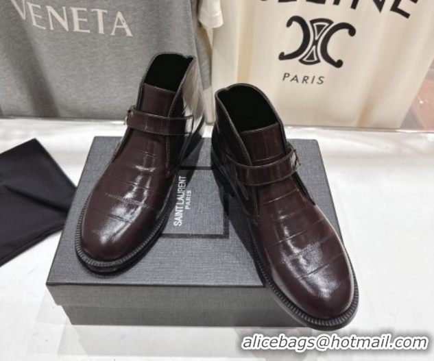 Best Grade Saint Laurent Flat Chelsea Booties in Embossed Leather Dark Brown YSL121303 1213050