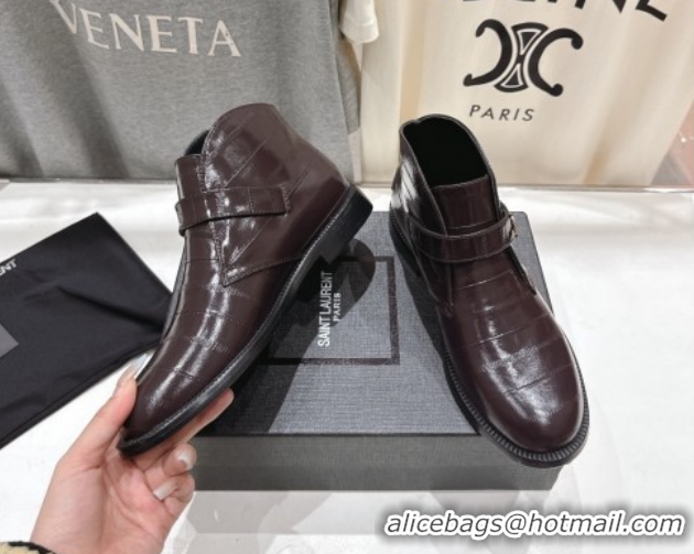 Best Grade Saint Laurent Flat Chelsea Booties in Embossed Leather Dark Brown YSL121303 1213050