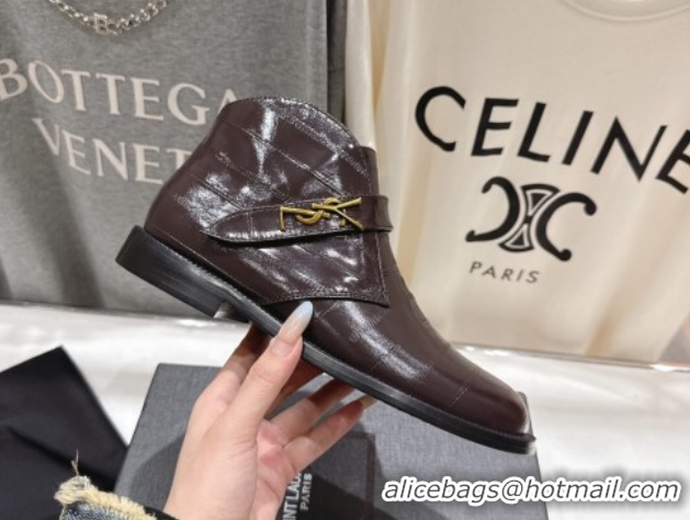 Best Grade Saint Laurent Flat Chelsea Booties in Embossed Leather Dark Brown YSL121303 1213050