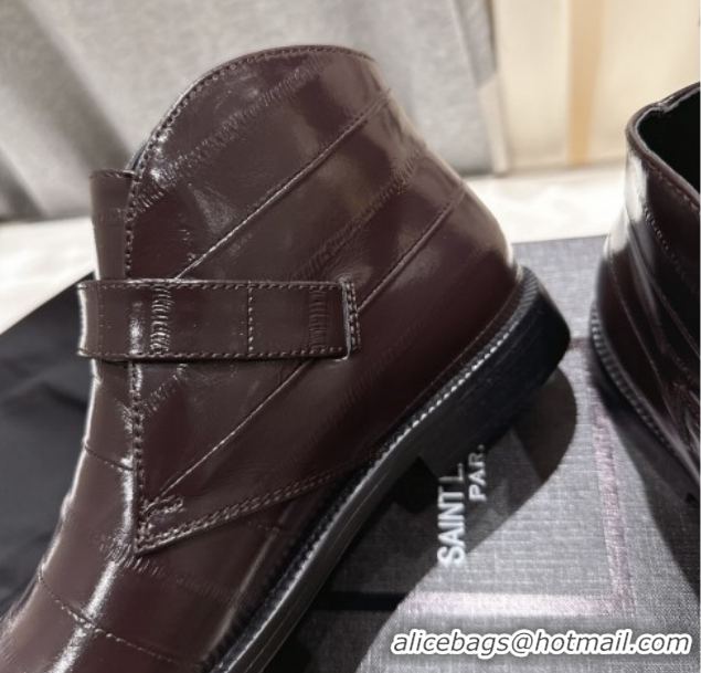 Best Grade Saint Laurent Flat Chelsea Booties in Embossed Leather Dark Brown YSL121303 1213050