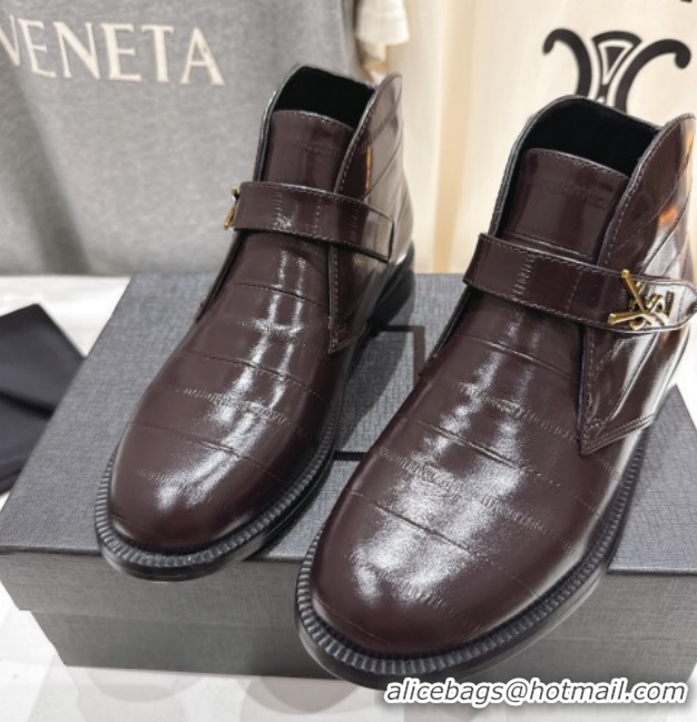 Best Grade Saint Laurent Flat Chelsea Booties in Embossed Leather Dark Brown YSL121303 1213050